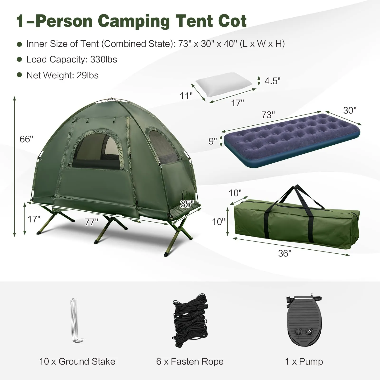 Tangkula 1-Person Tent Cot, Foldable Camping Tent with Air Mattress, Sleeping Bag, Elevated Single Cot Tent with Carrying Bag