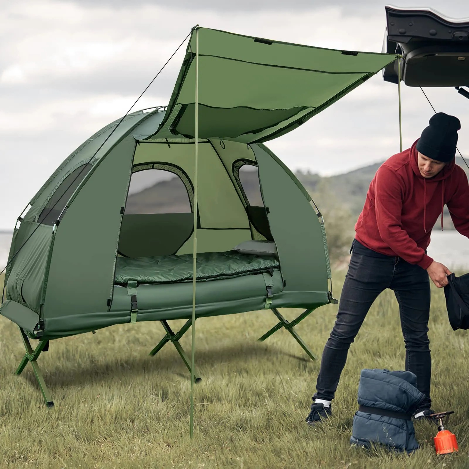 Tangkula 1-Person Tent Cot, Foldable Camping Tent with Air Mattress, Sleeping Bag, Elevated Single Cot Tent with Carrying Bag