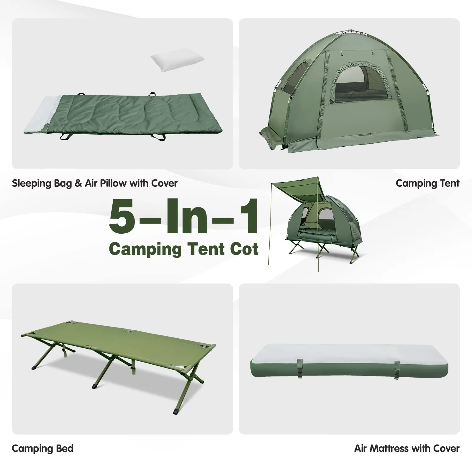 Tangkula 1-Person Tent Cot, Foldable Camping Tent with Air Mattress, Sleeping Bag, Elevated Single Cot Tent with Carrying Bag