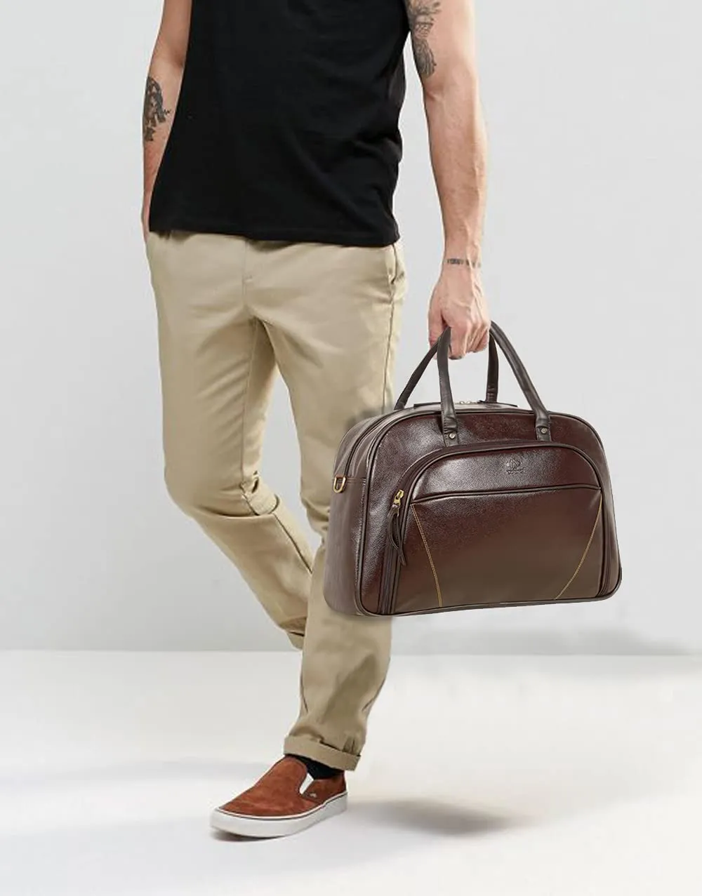 The Clownfish Prestige Unisex Faux Leather 23 litres Travel Duffle Bag (Dark Brown)