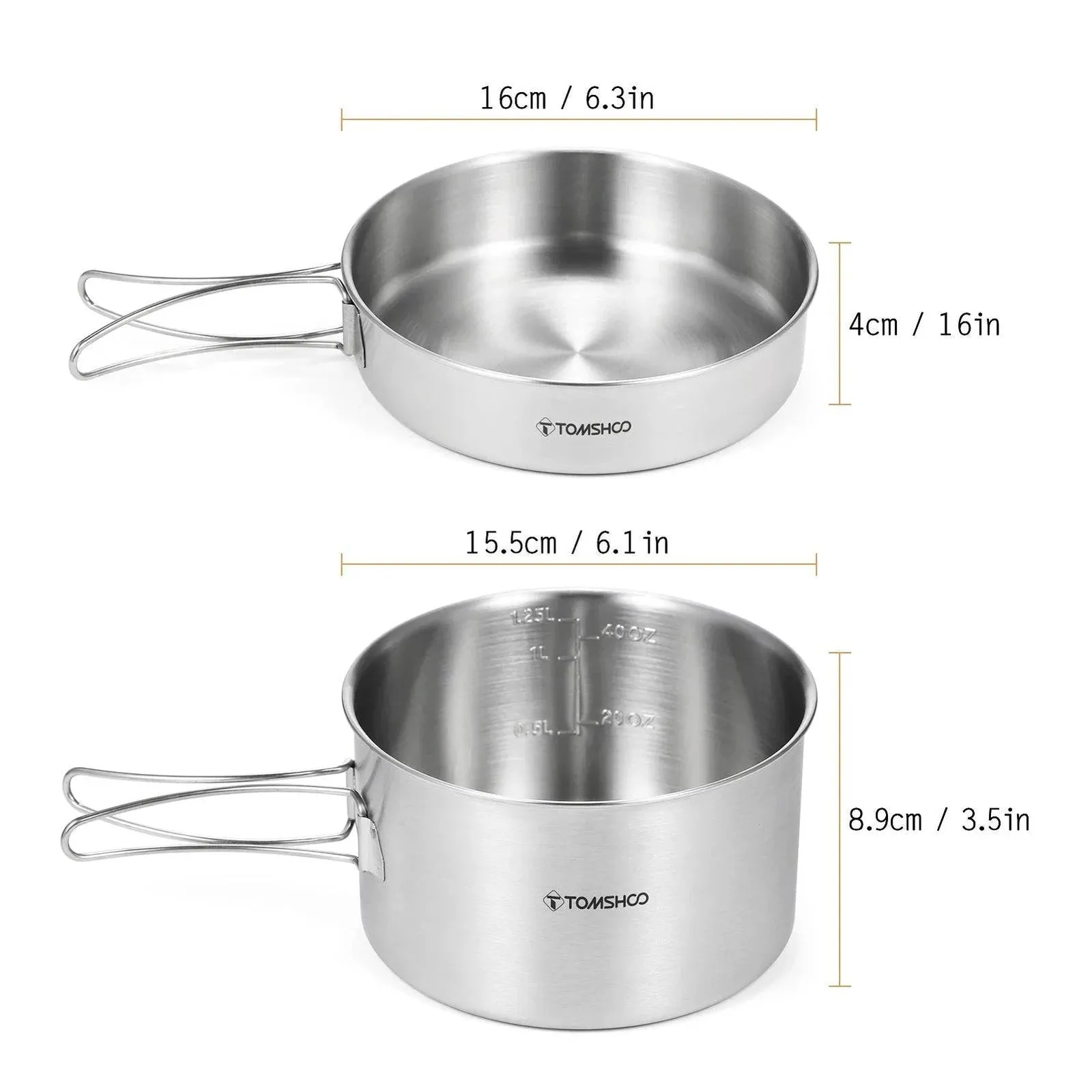 TOMSHOO 2pcs Camping Cookware Set Stainless Steel Pot Pan Cooking Set with Foldable Handles Mesh Carry Bag for Hiking