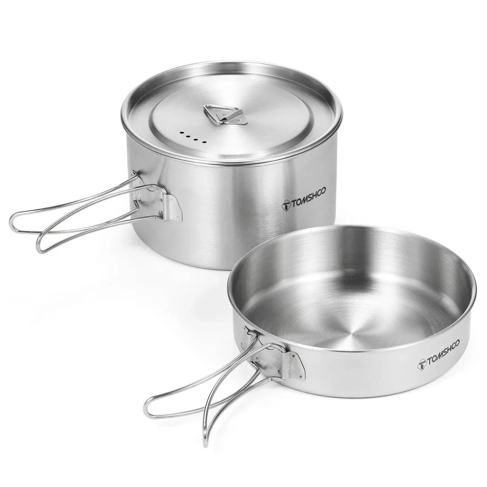 TOMSHOO 2pcs Camping Cookware Set Stainless Steel Pot Pan Cooking Set with Foldable Handles Mesh Carry Bag for Hiking