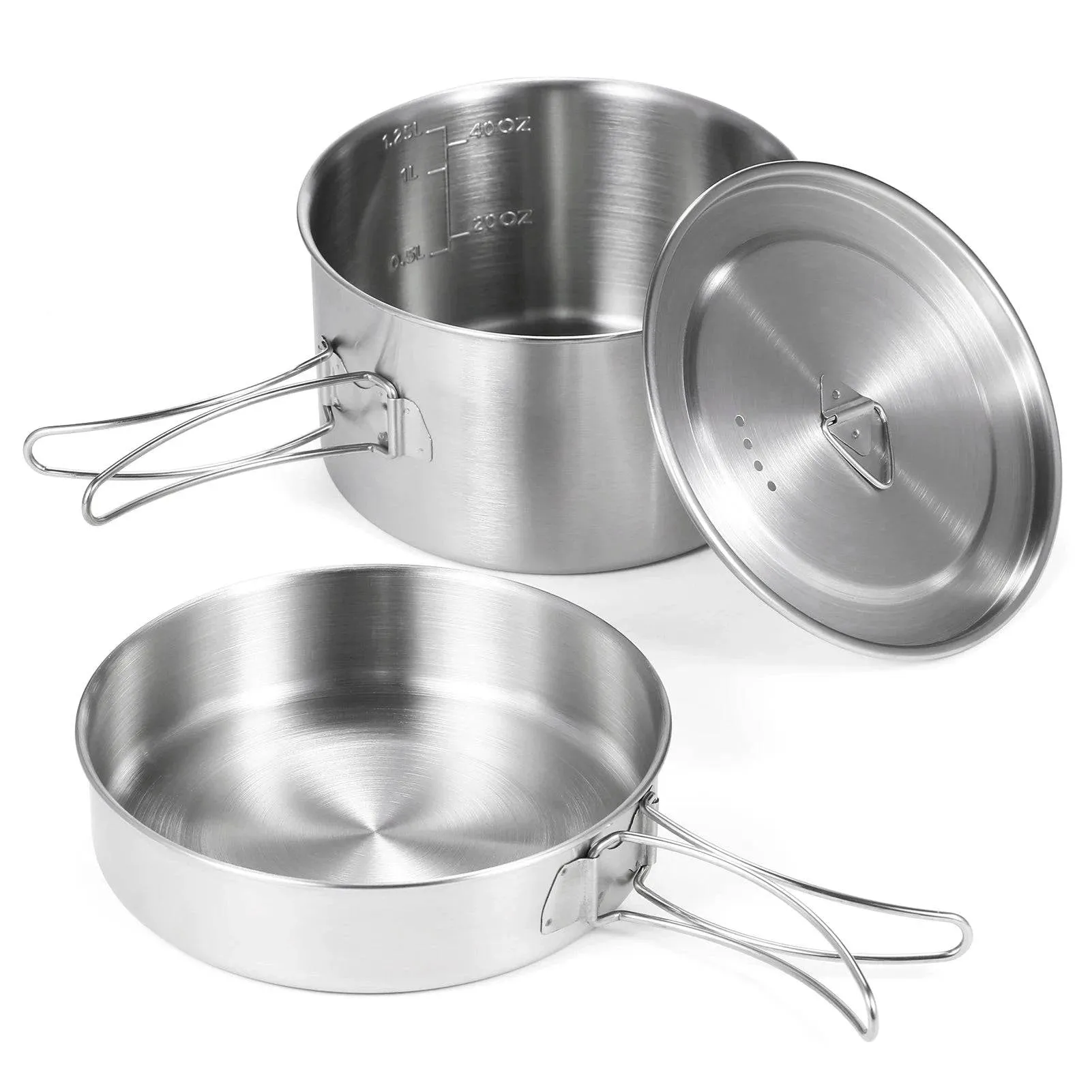 TOMSHOO 2pcs Camping Cookware Set Stainless Steel Pot Pan Cooking Set with Foldable Handles Mesh Carry Bag for Hiking