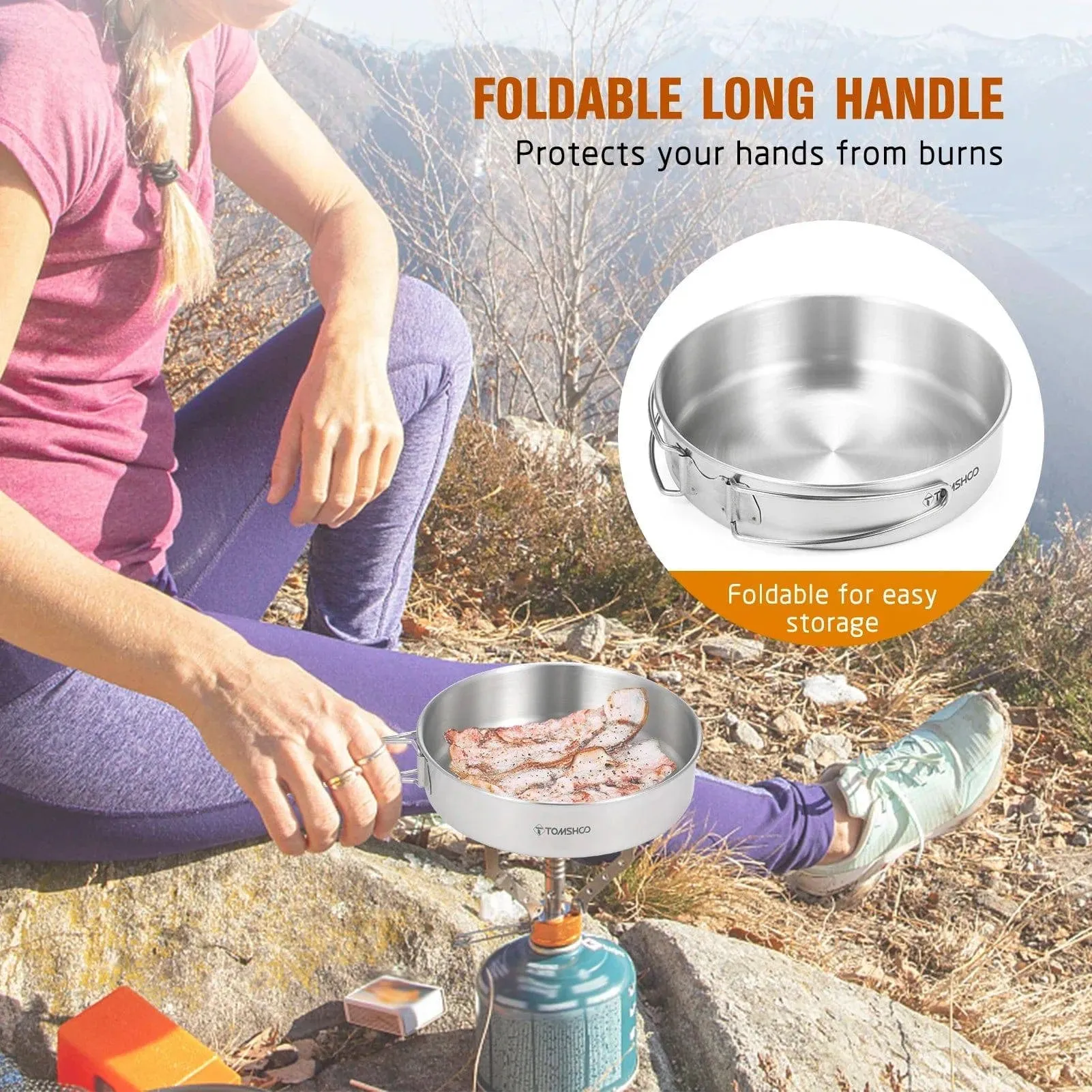 TOMSHOO 2pcs Camping Cookware Set Stainless Steel Pot Pan Cooking Set with Foldable Handles Mesh Carry Bag for Hiking