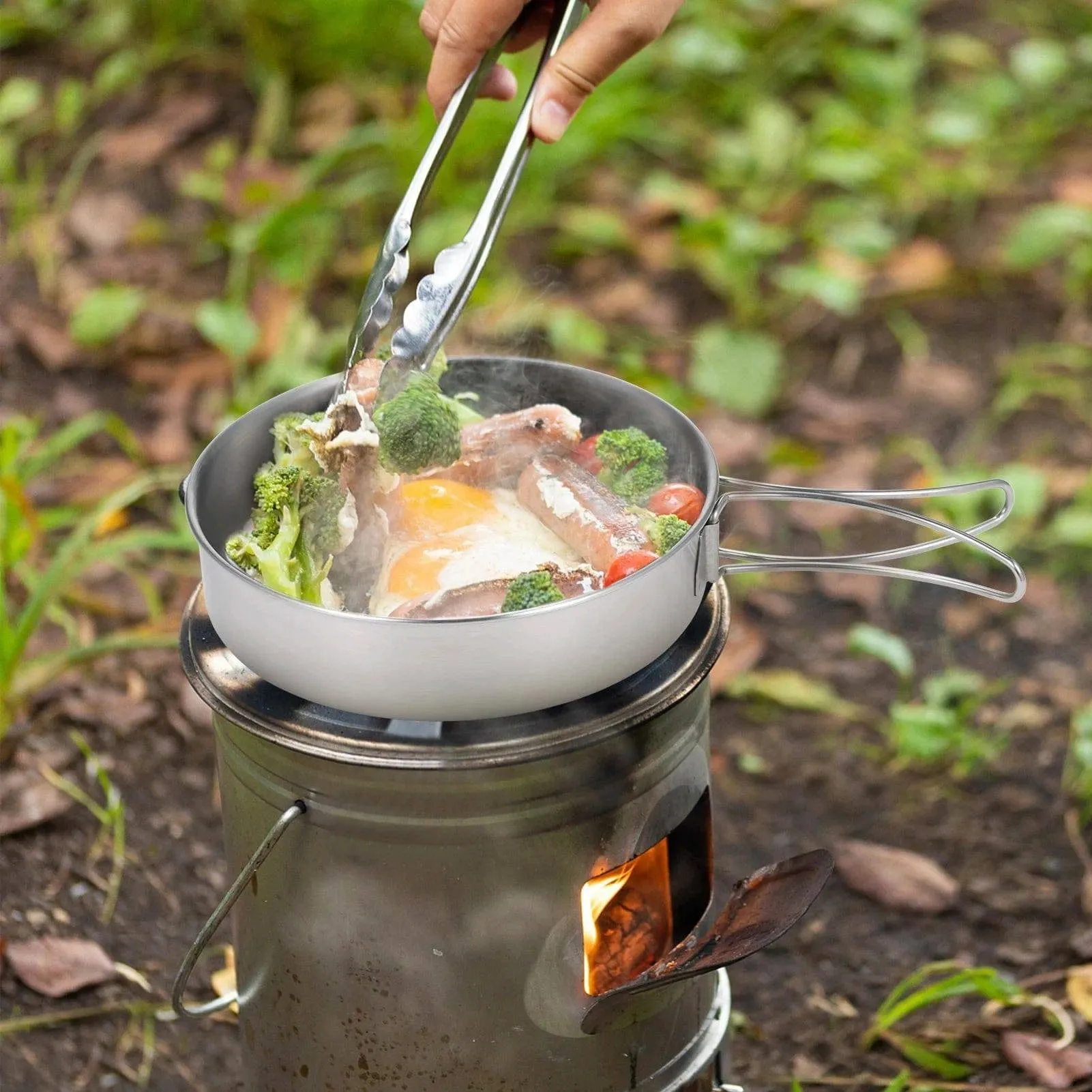 TOMSHOO 2pcs Camping Cookware Set Stainless Steel Pot Pan Cooking Set with Foldable Handles Mesh Carry Bag for Hiking