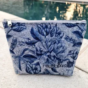 Tulip Peony Blues - Recycled Felt Cosmetic Bag