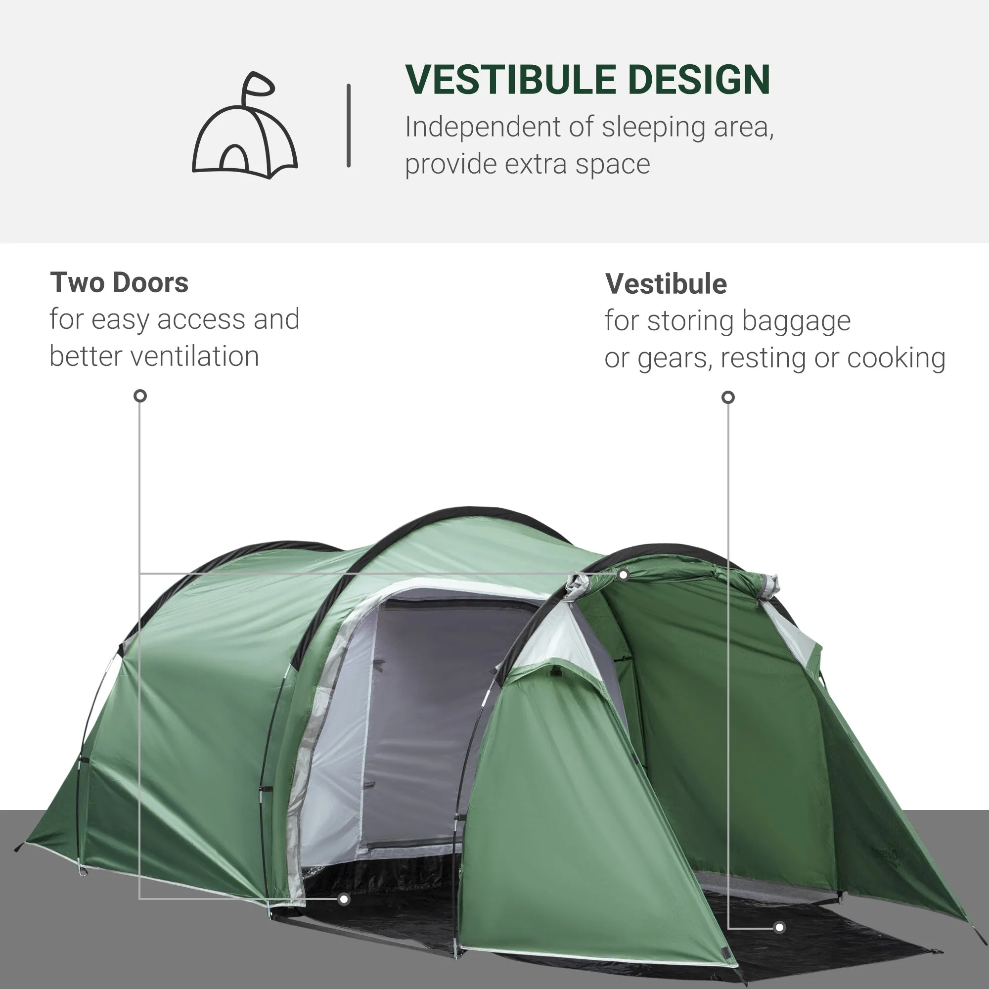 Tunnel Tent, 2-3 Person Camping Tent with Sewn-in Groundsheet, Air Vents, Rainfly, 2000mm Water Column, Green