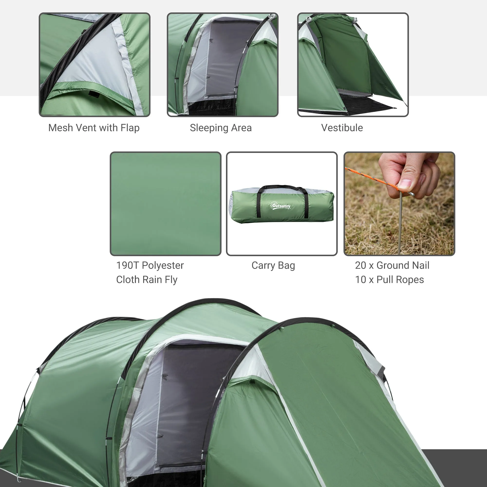 Tunnel Tent, 2-3 Person Camping Tent with Sewn-in Groundsheet, Air Vents, Rainfly, 2000mm Water Column, Green