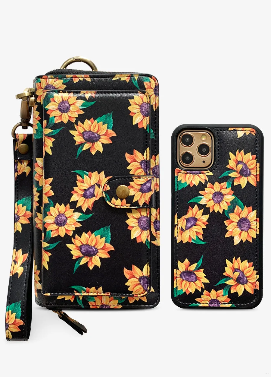 Ultimate Wristlet Phone Case in Black Sunflower