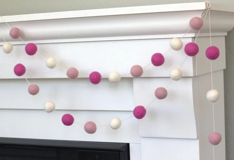 Valentine's Day Felt Ball Garland- Baby Pink, Rose, White