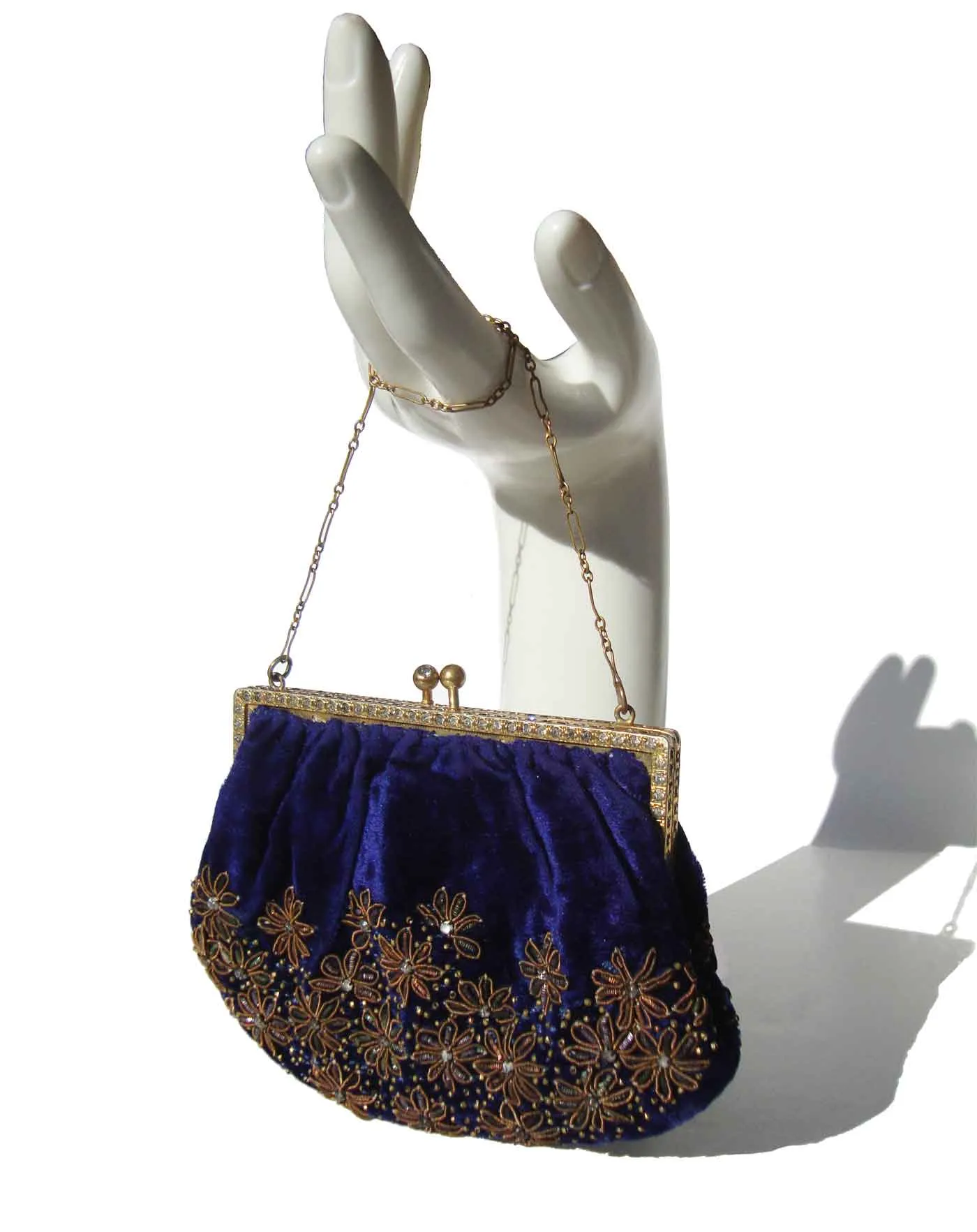 Vintage 30s Purse Blue Velvet & Rhinestone Art Deco Evening Cocktail Bag