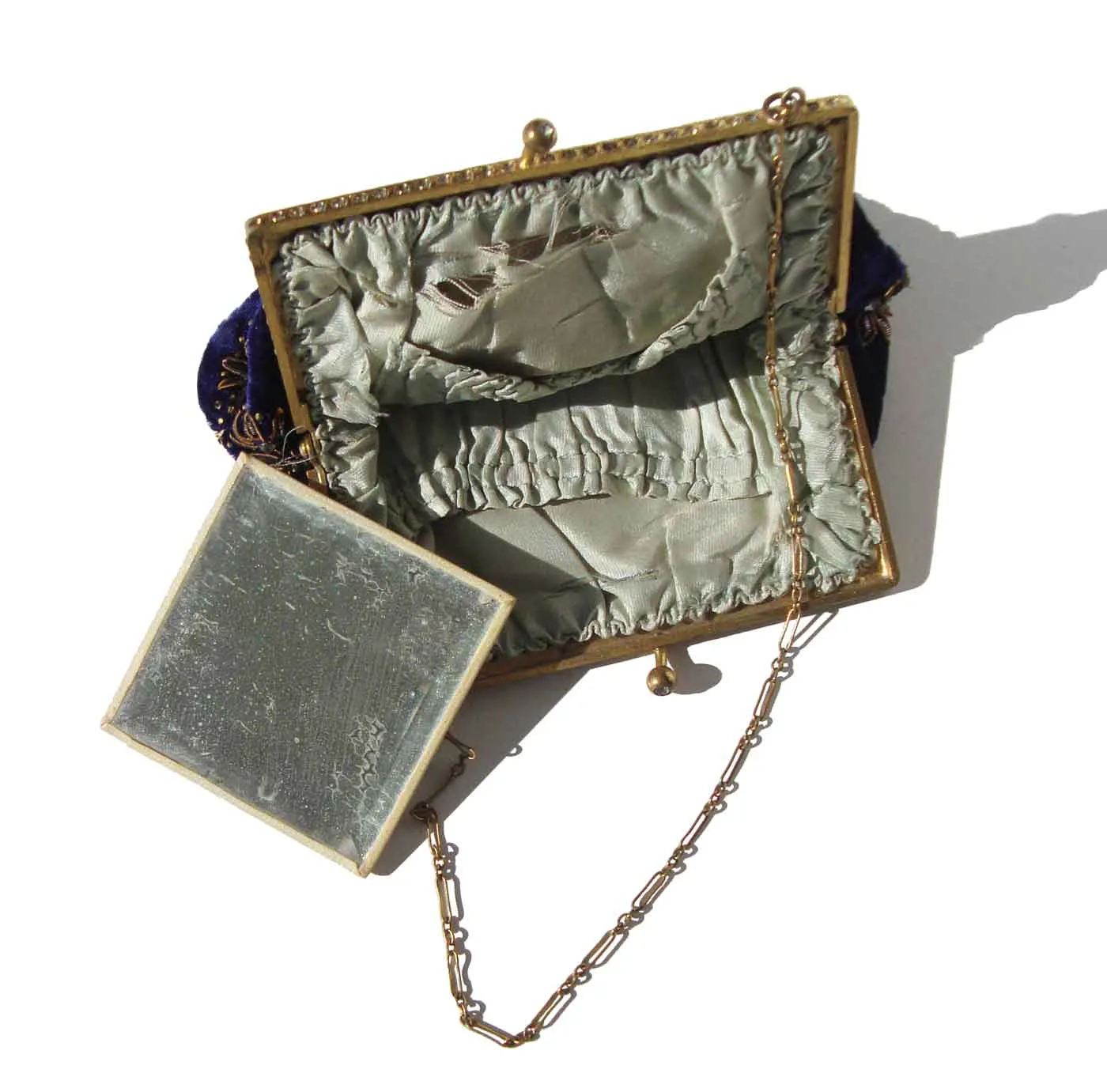 Vintage 30s Purse Blue Velvet & Rhinestone Art Deco Evening Cocktail Bag