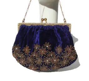 Vintage 30s Purse Blue Velvet & Rhinestone Art Deco Evening Cocktail Bag