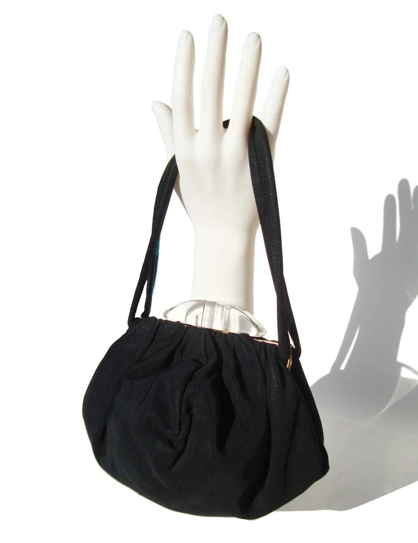 Vintage 40s Black Faille Handbag Lucite Clasp Cocktail Handbag Purse