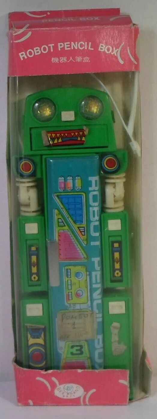 Vintage Pencil Case 80's Retro Green Robot Pencil Box Mechanical Button Stationary Pencil Case w/ Original Package