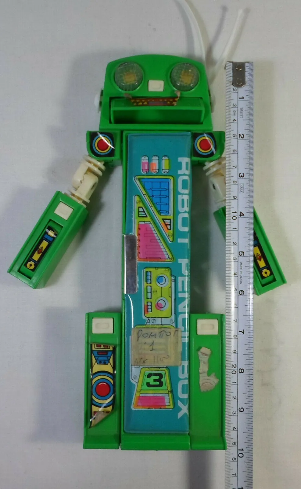 Vintage Pencil Case 80's Retro Green Robot Pencil Box Mechanical Button Stationary Pencil Case w/ Original Package