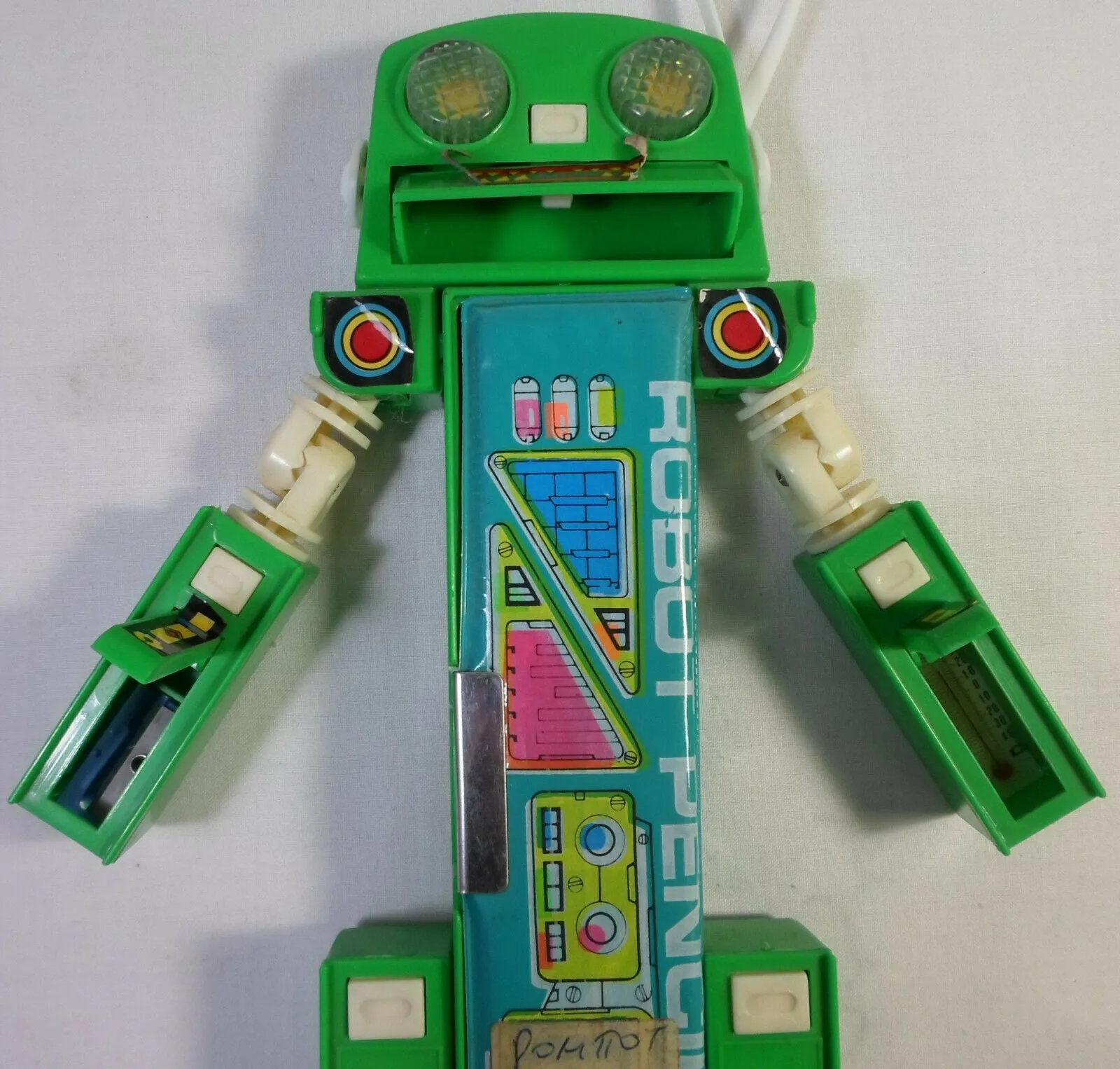 Vintage Pencil Case 80's Retro Green Robot Pencil Box Mechanical Button Stationary Pencil Case w/ Original Package