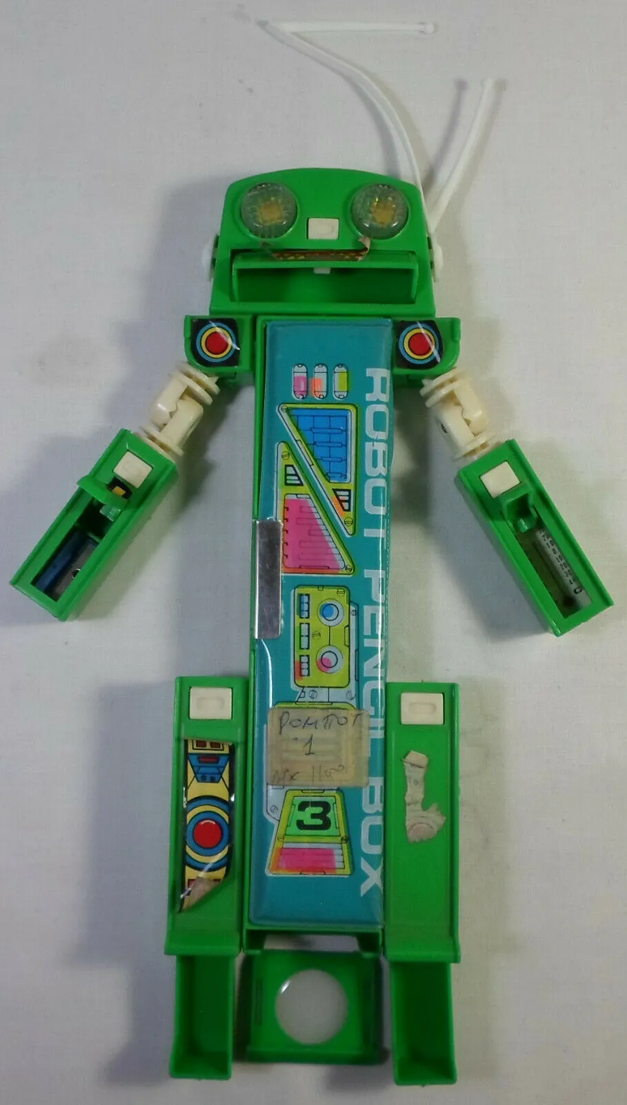 Vintage Pencil Case 80's Retro Green Robot Pencil Box Mechanical Button Stationary Pencil Case w/ Original Package