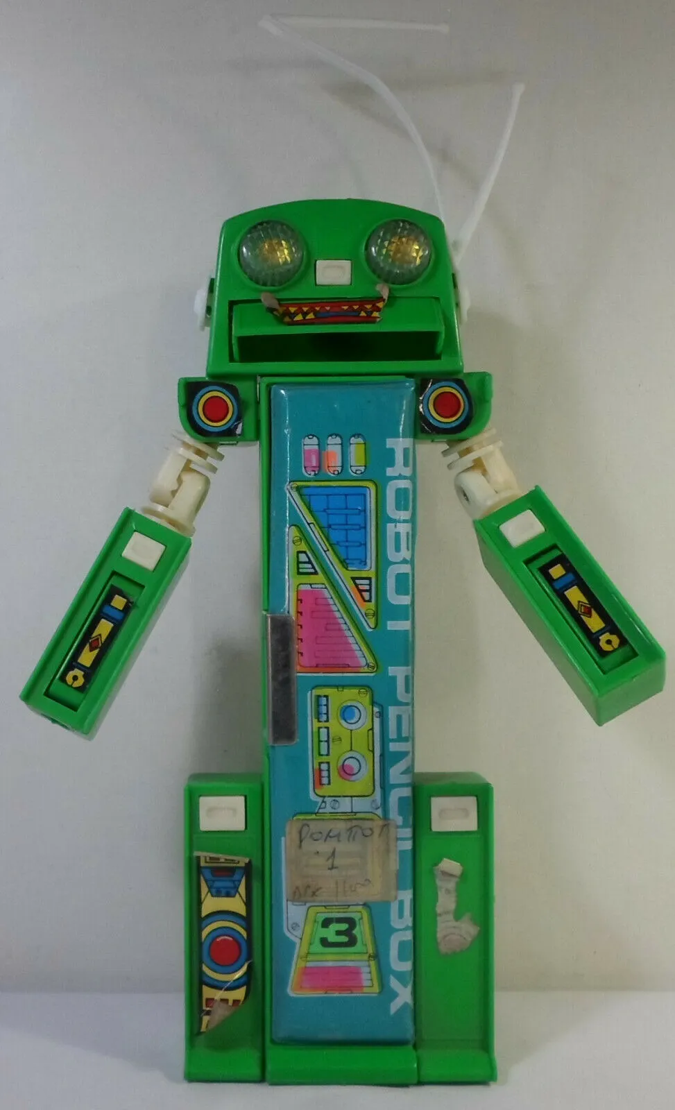 Vintage Pencil Case 80's Retro Green Robot Pencil Box Mechanical Button Stationary Pencil Case w/ Original Package