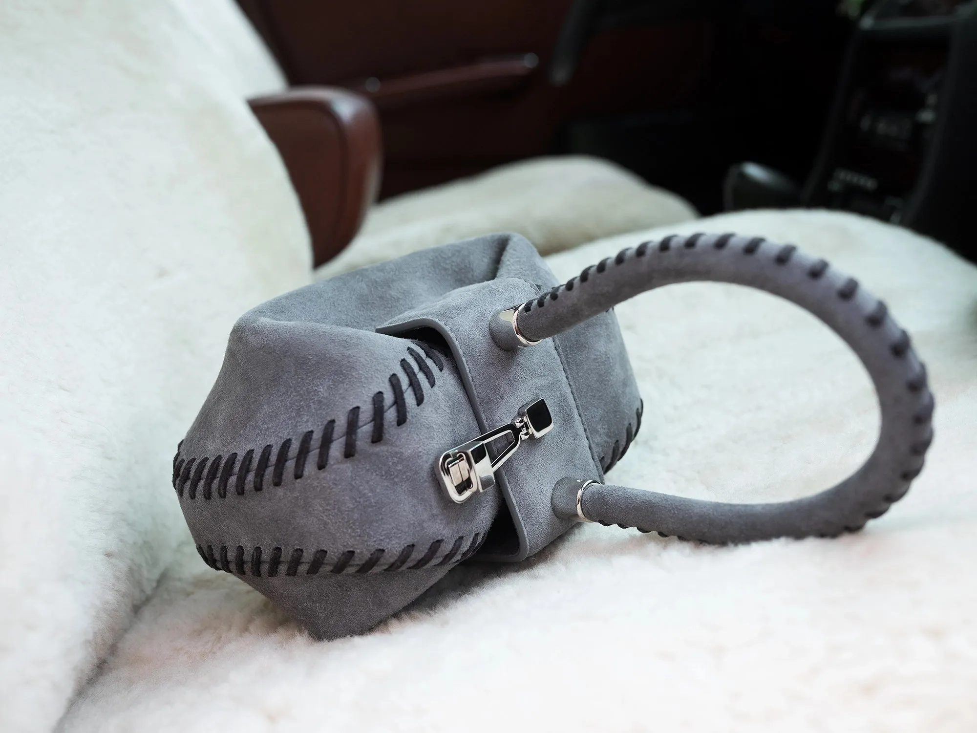 Whipstitch Demi Bag in Charcoal Suede