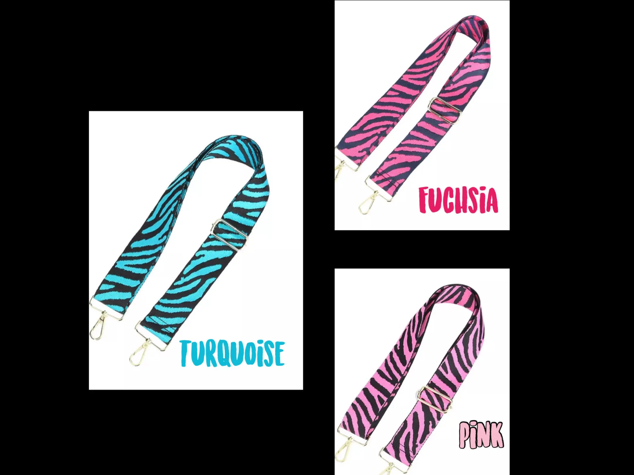 Zebra Bag Strap with metallic stars and stripe with gold hardware-  5 cm width    Turquoise, Pink or Fuchsia available