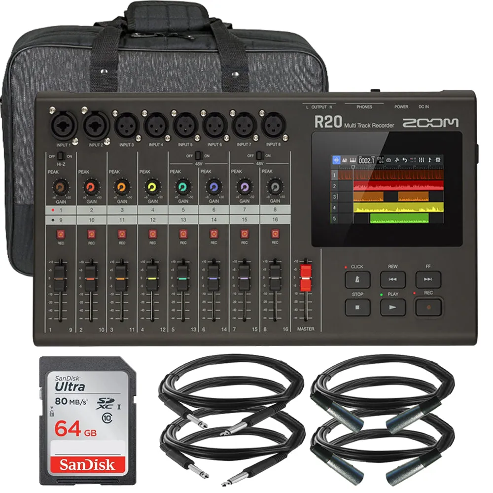 Zoom R20 Portable Multitrack Recorder   XLR Microphone Cable   TRS Cable Accessory Kit